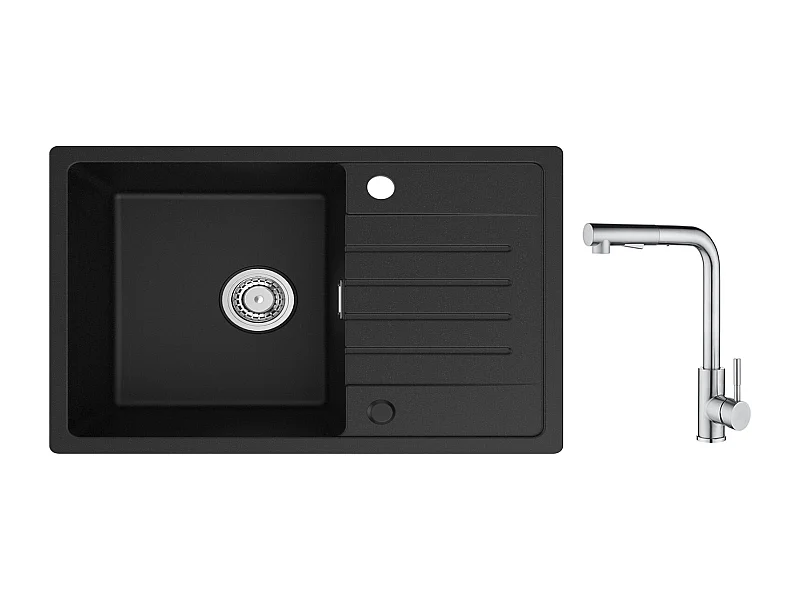 Cecipa max Evier 1 Bac 78x45cm avec Egouttoir Evier à encastrer Quartz et résine Noir + Mitigeur avec Douchette Extractible - 2 Jets aux Choix Brossé