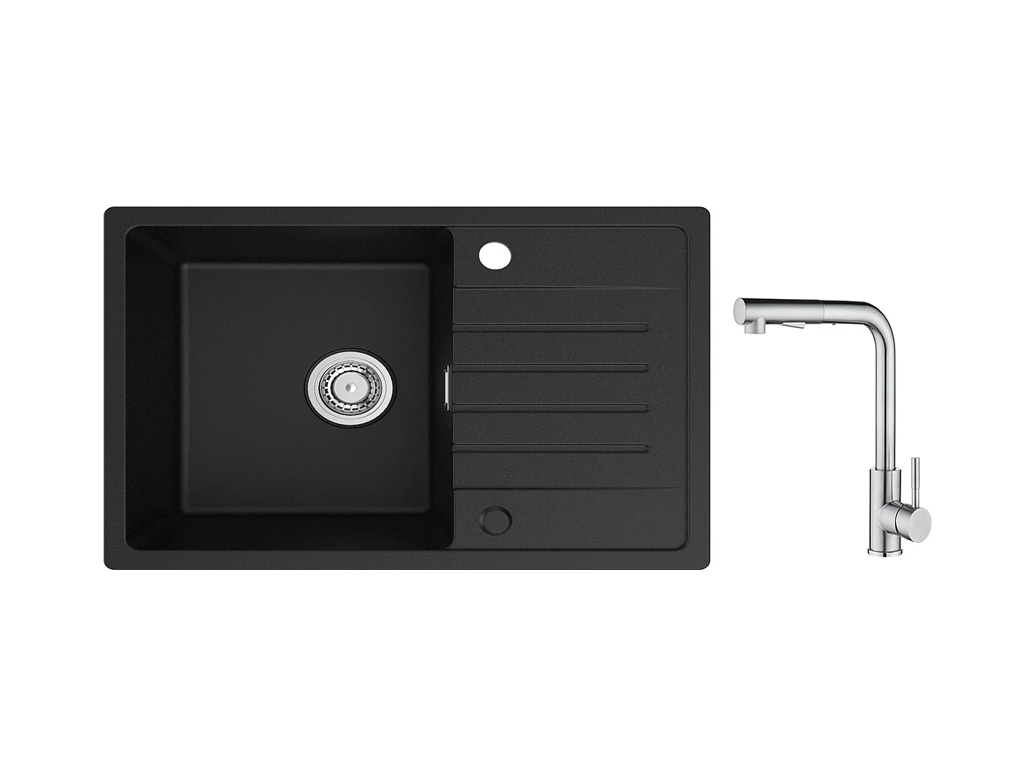 Cecipa max Evier 1 Bac 78x45cm avec Egouttoir Evier à encastrer Quartz et résine Noir + Mitigeur avec Douchette Extractible - 2 Jets aux Choix Brossé
