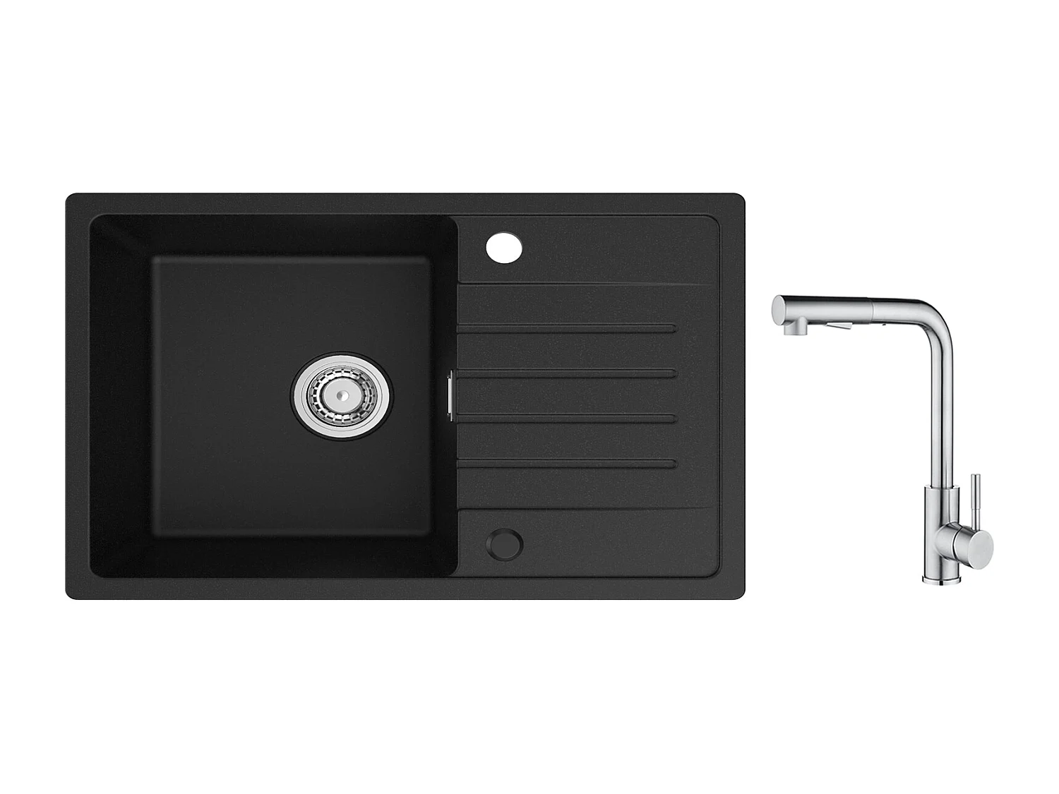 Cecipa max Lavello 1 vasca 78x45cm con gocciolatoio Lavello incasso in quarzo e resina nera + Miscelatore con doccetta estraibile - 2 Getti a scelta Spazzolato