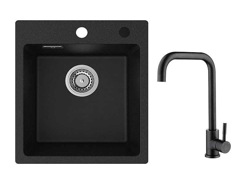 Cecipa MAX 40x45cm Noir Evier de Cuisine en Quartz et Résine Evier 1 Bac + Mitigeur de Cuisine en Inox Noir étoilé avec Bec Haut et Incurvé