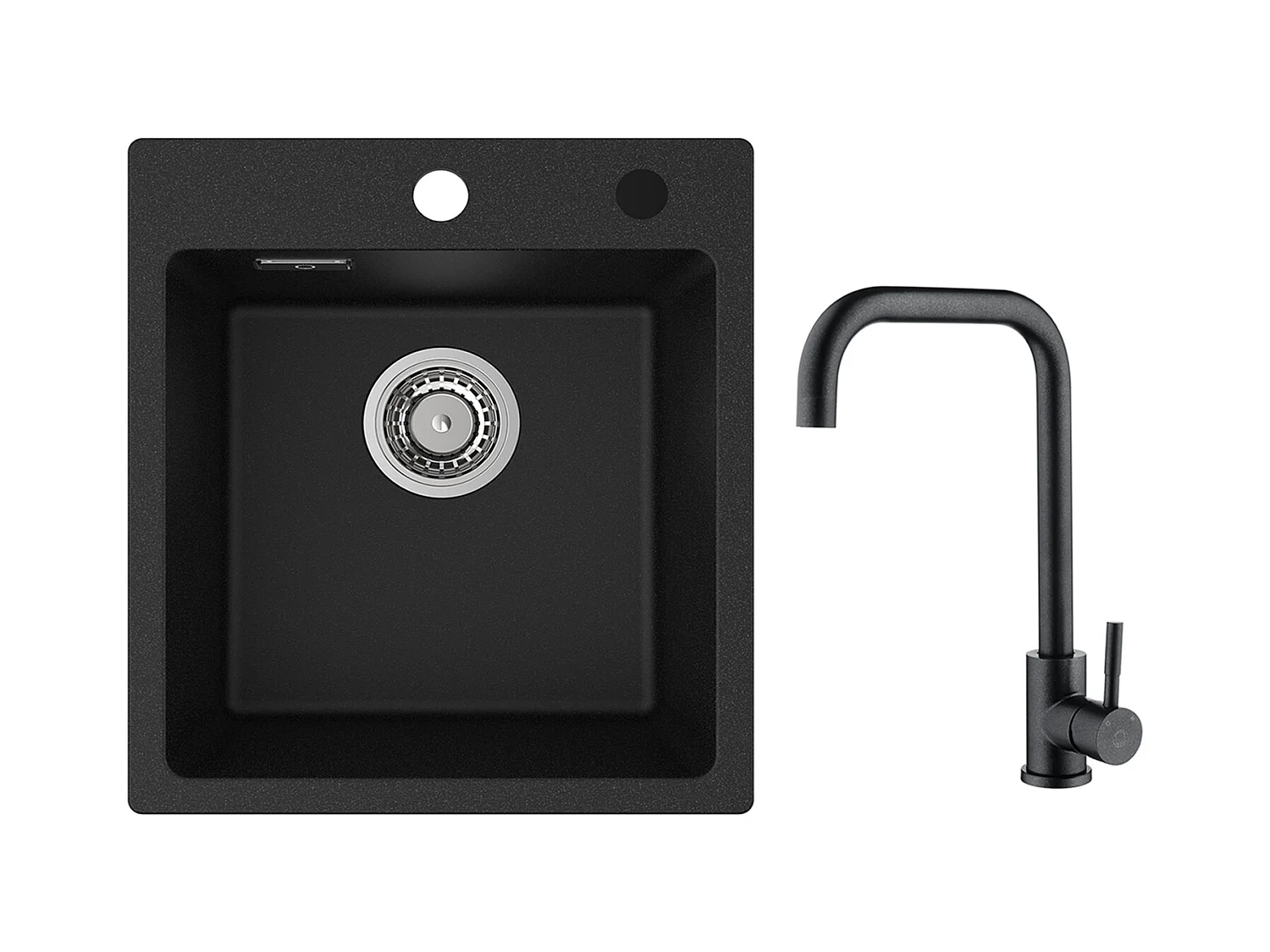 Cecipa MAX 40x45cm Noir Evier de Cuisine en Quartz et Résine Evier 1 Bac + Mitigeur de Cuisine en Inox Noir étoilé avec Bec Haut et Incurvé