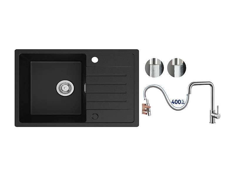 Spoelbak met 1 spoelbak in kwarts en hars - Zwarte spoelbak met afdruiprek 78x45cm + mengkraan met uittrekbare spray, geborsteld