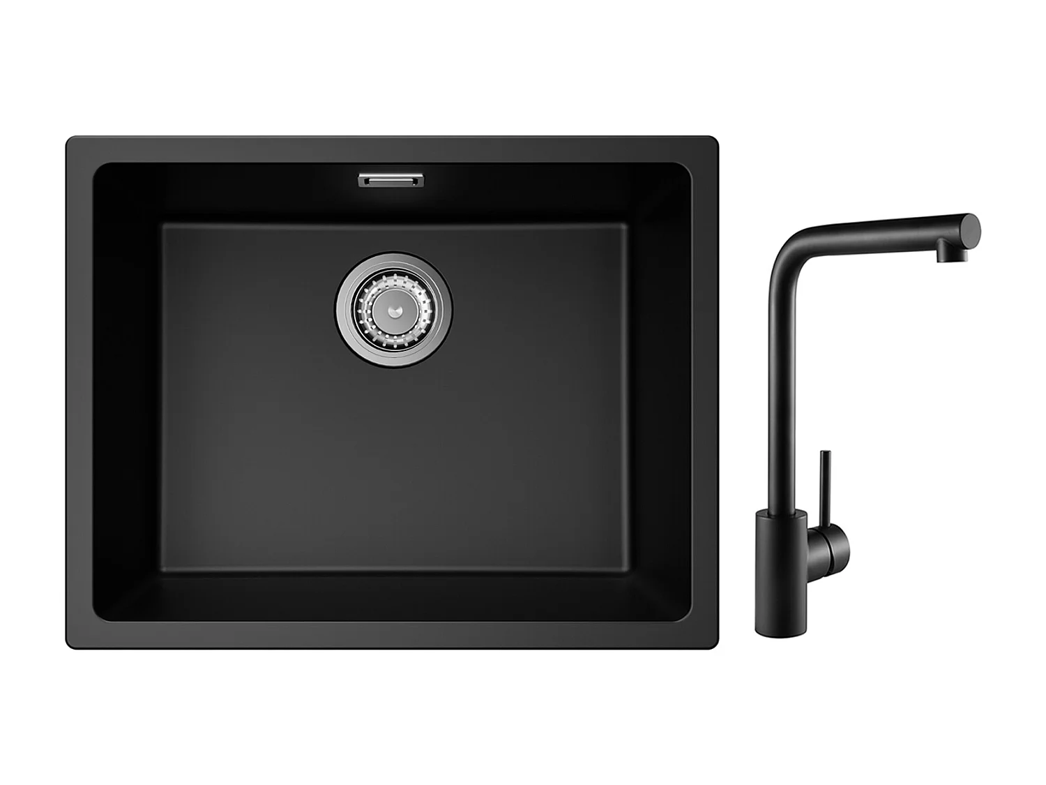 Evier 1 Bac en Quartz et Résine, 3 Options de Montage, 55*44*20cm + Mitigeur de Evier Noir Rrotatif à 360 °