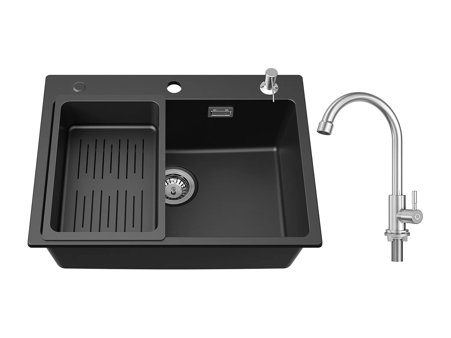 Noir Evier en Quartz avec Panier de Vidange et Distributeur de Savon 60*45cm + Robinet de Cuisine à eau Froide,Brossé