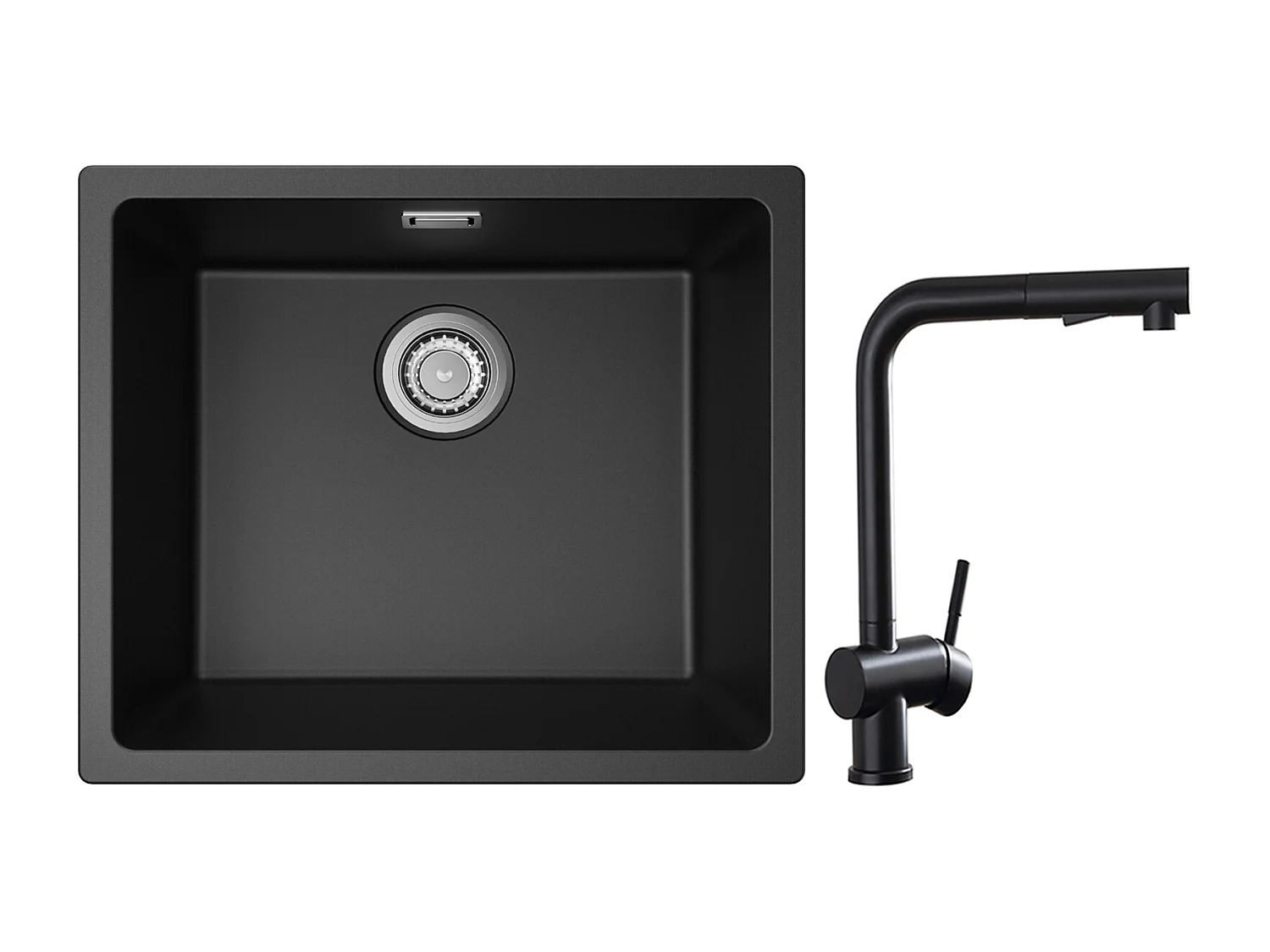 CECIPA MAX Evier 1 Bac en Quartz et Résine Noir Gris 50*44*20cm + Robinet Cuisine avec Douchette Extractible, Mitigeur d'évier Noir