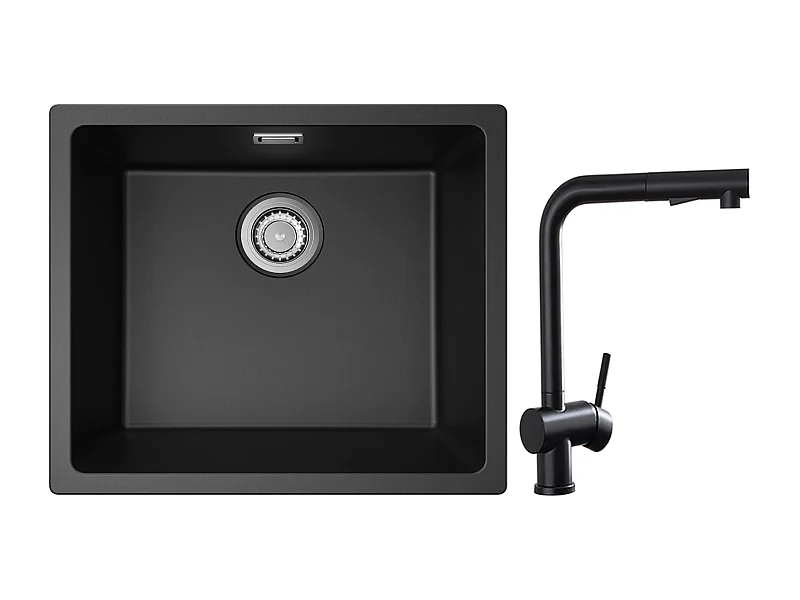 CECIPA MAX Evier 1 Bac en Quartz et Résine Noir Gris 50*44*20cm + Robinet Cuisine avec Douchette Extractible, Mitigeur d'évier Noir