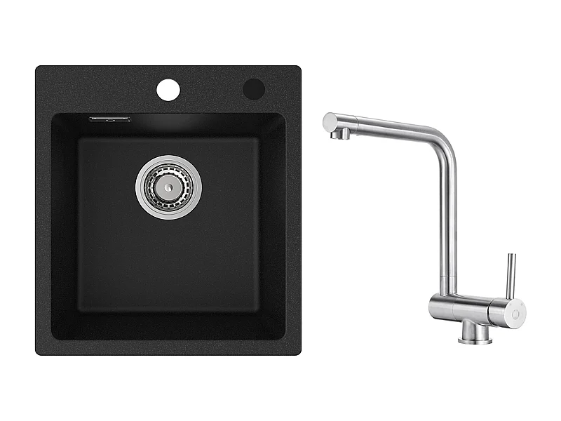 Cecipa MAX 40x45cm Noir Evier de Cuisine en Quartz et Résine Evier 1 Bac + Mitigeur de Cuisine Rabattable Brossé