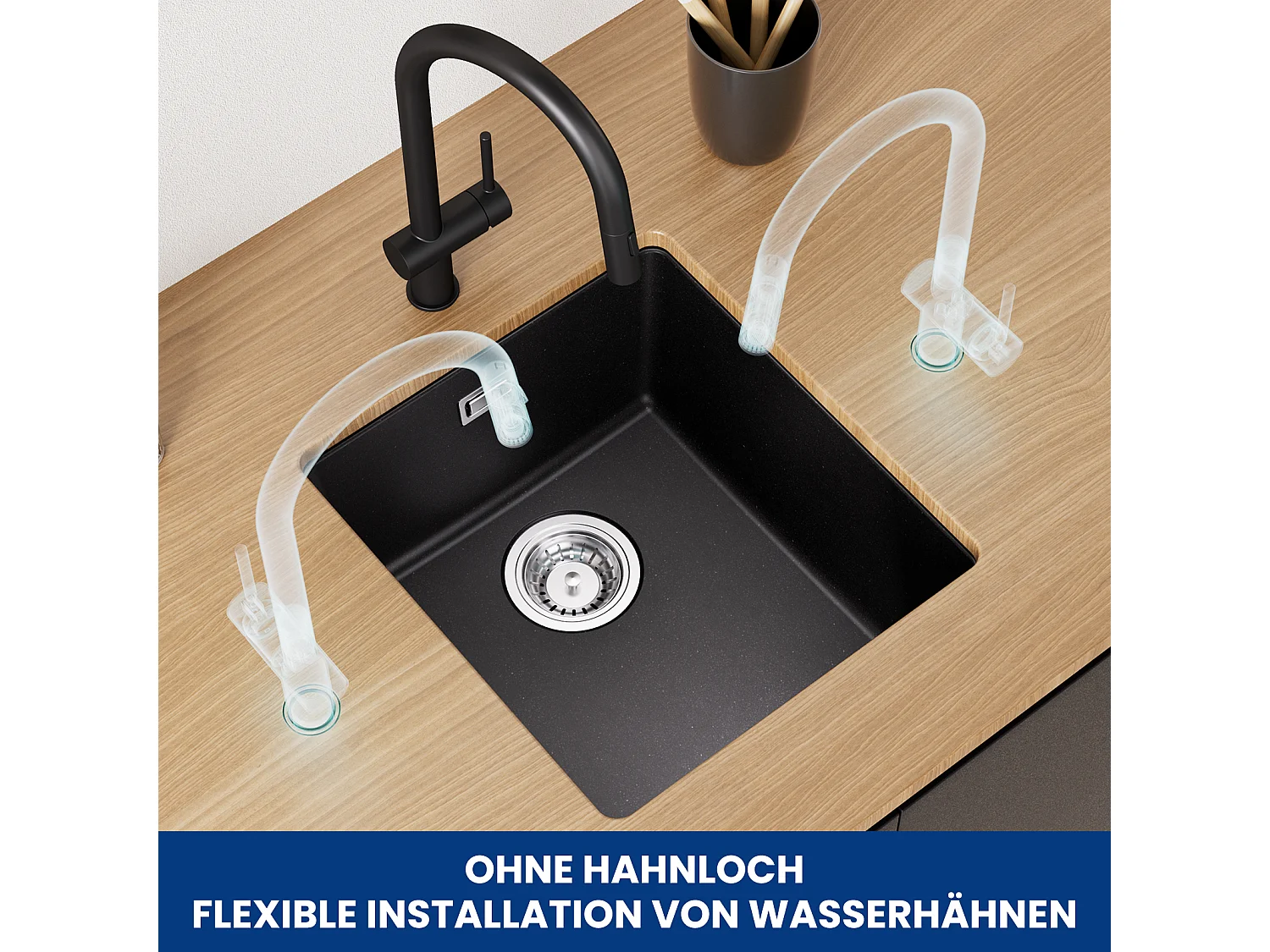 Einzelbecken aus Quarz- und Kunstharzspüle, 3 Montageoptionen, 40 x 44 x 20 cm + 3-Wege-Spültischmischer, 2 Hebel, schwarz