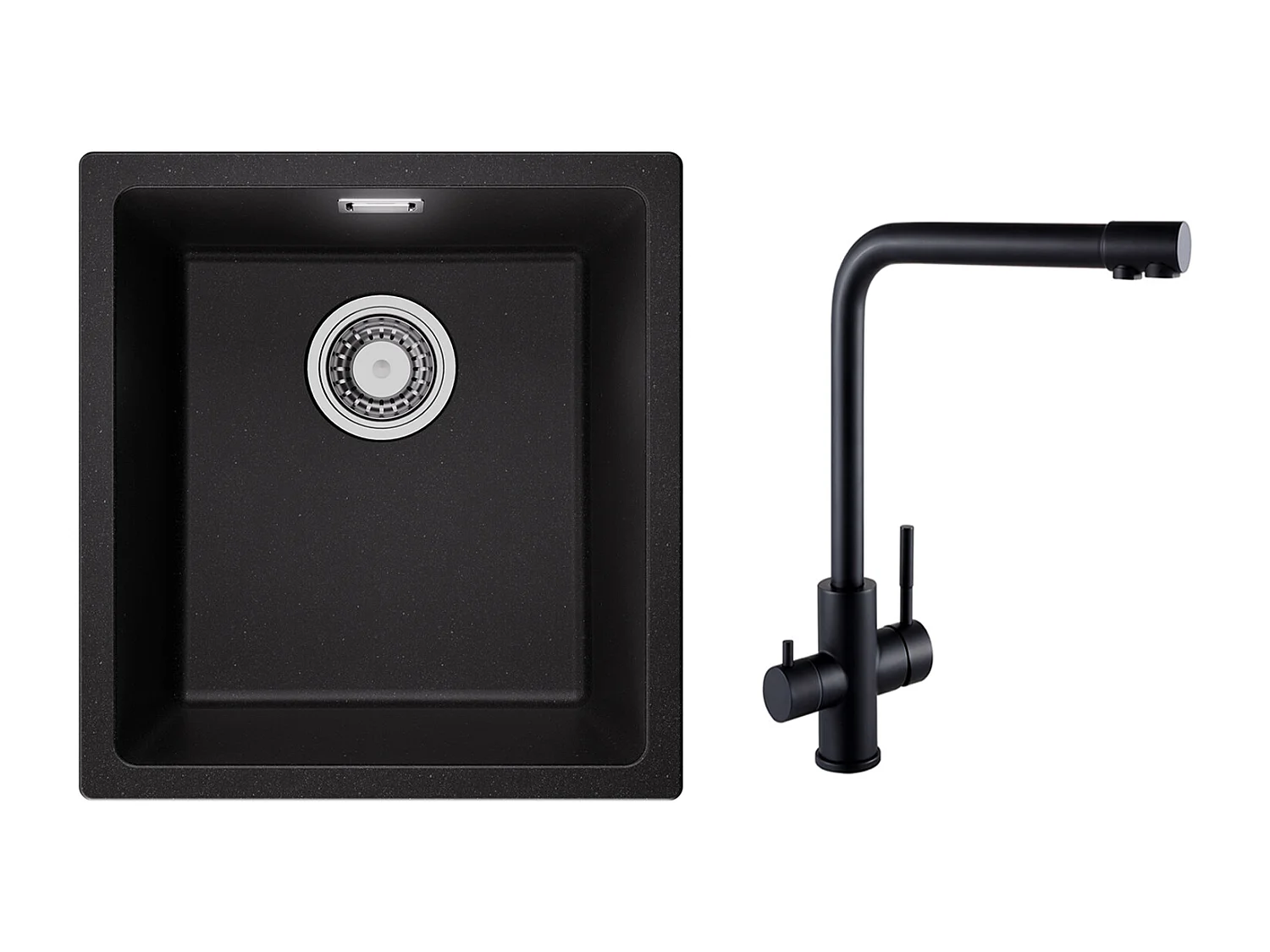 Evier 1 Bac en Quartz et Résine, 3 Options de Montage, 40*44*20cm + Mitigeur Evier à 3 Voies, 2 Leviers, Noir