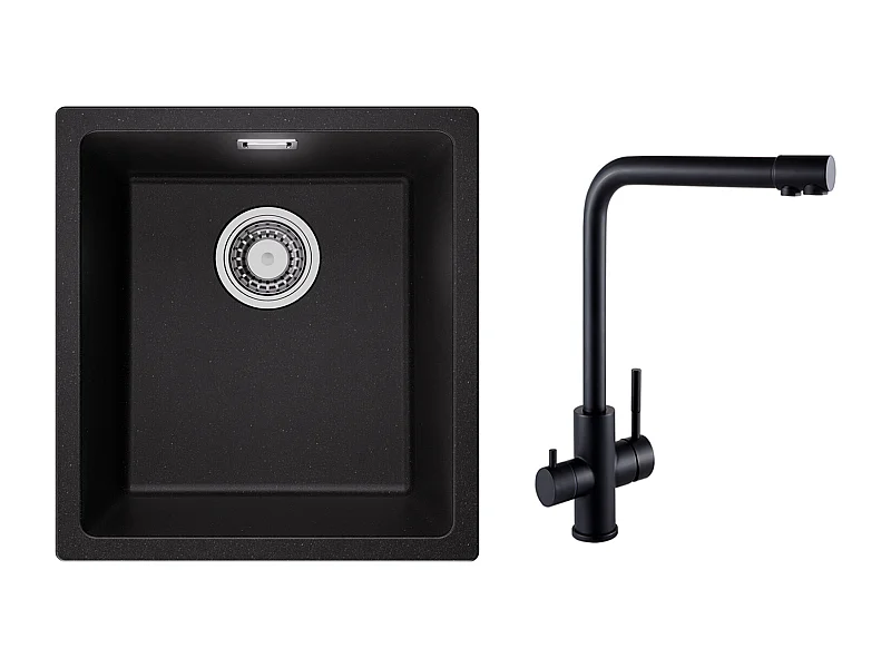 Lavello 1 Vasca in Quarzo e Resina, 3 Opzioni di Montaggio, 40*44*20cm + Miscelatore Lavello 3 Vie, 2 Leve, Nero