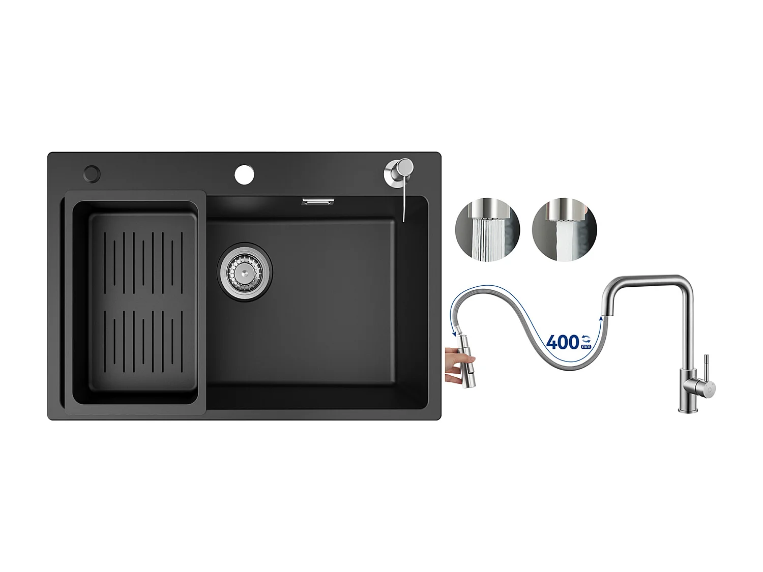 Evier 1 Bac 70x45 cm Noir Evier en Quartz et Résine avec Panier de Vidange et Distributeur de Savon + Mitigeur avec Douchette Extractible, Brossé