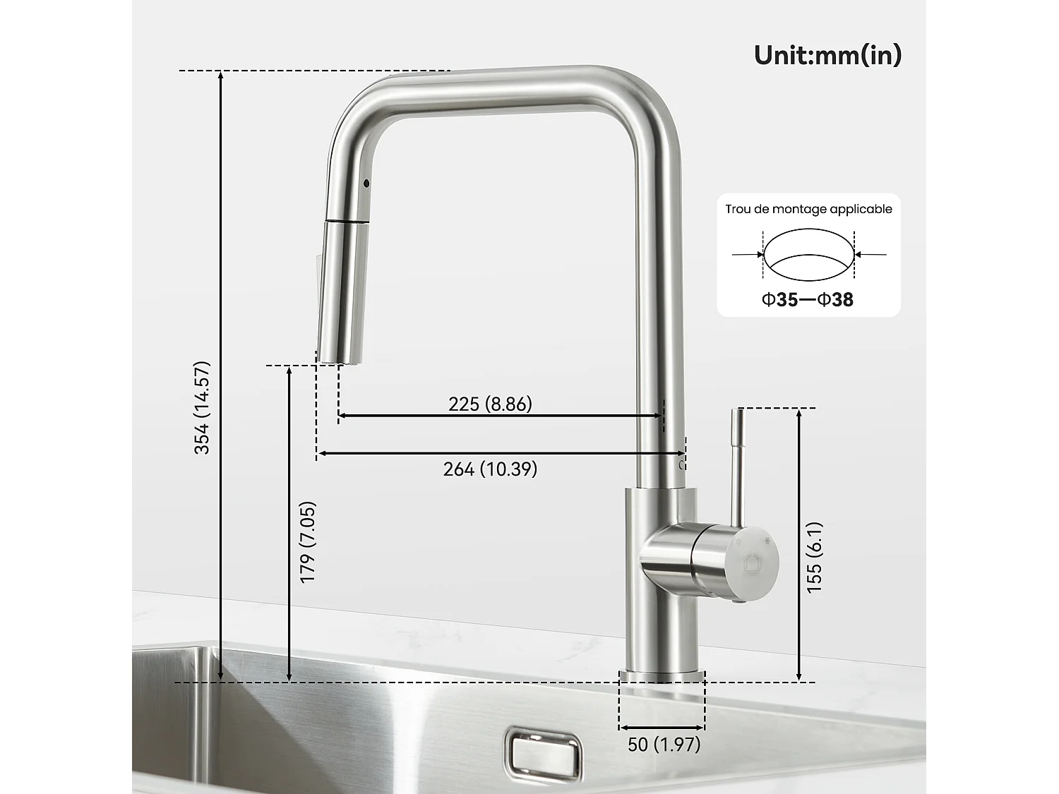 Evier 1 Bac 70x45 cm Noir Evier en Quartz et Résine avec Panier de Vidange et Distributeur de Savon + Mitigeur avec Douchette Extractible, Brossé