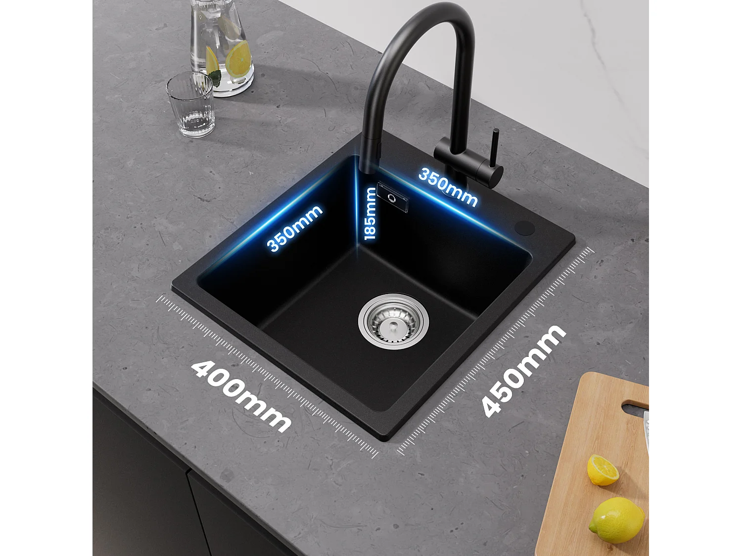 Cecipa MAX 40x45cm Noir Evier de Cuisine en Quartz et Résine Evier 1 Bac + Mitigeur Cuisine Avec Douchette Extractible