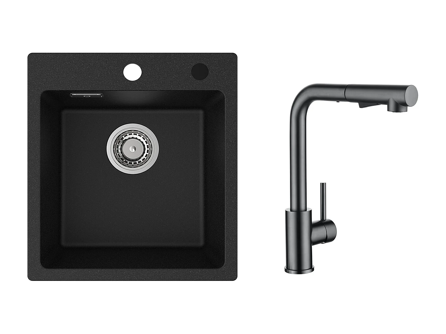 Cecipa MAX 40x45cm zwarte keukenspoelbak in kwarts en hars, 1 spoelbak + keukenmengkraan met uittrekbare spray
