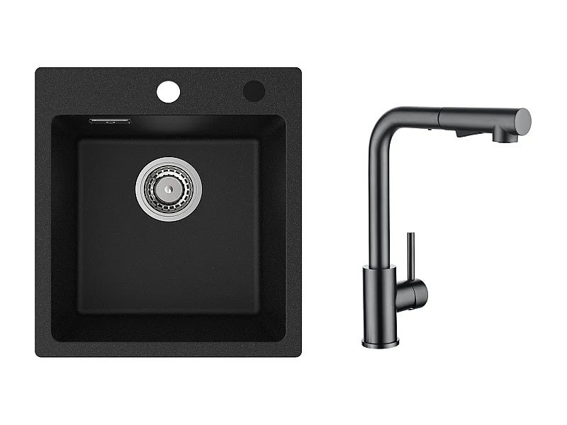 Cecipa MAX 40x45cm Noir Evier de Cuisine en Quartz et Résine Evier 1 Bac + Mitigeur Cuisine Avec Douchette Extractible