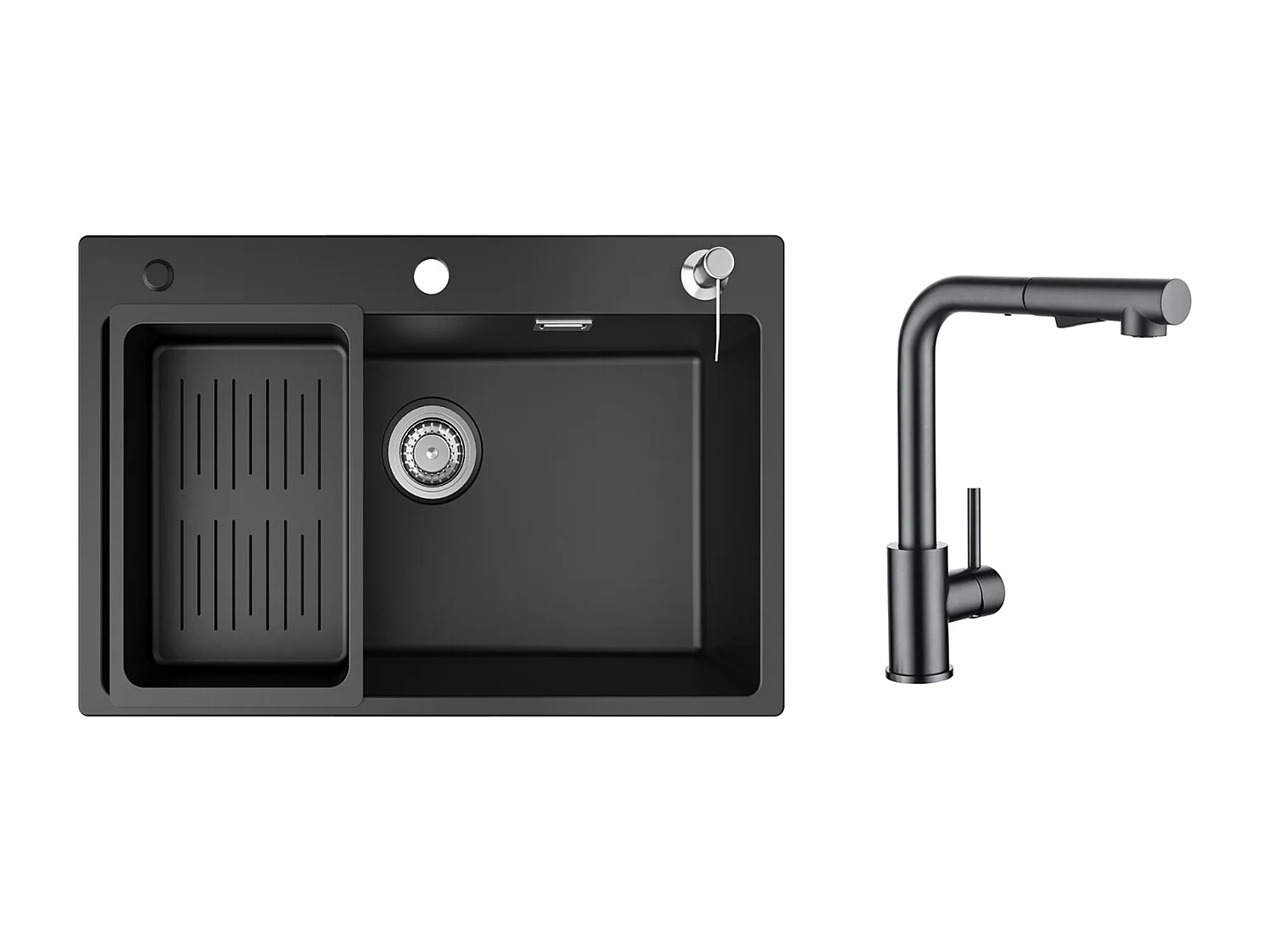 Evier 1 Bac 70x45 cm Noir Evier en Quartz et Résine avec Panier de Vidange et Distributeur de Savon + Mitigeur Cuisine Avec Douchette Extractible