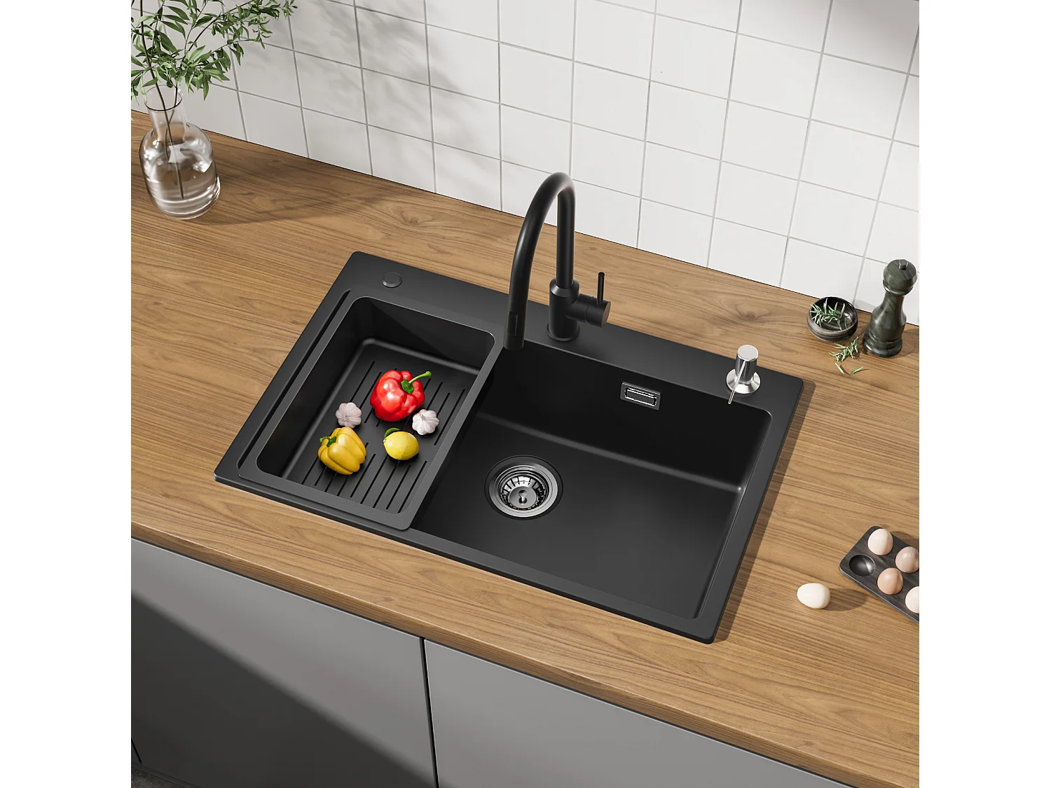Evier 1 Bac 70x45 cm Noir Evier en Quartz et Résine avec Panier de Vidange et Distributeur de Savon + Mitigeur Cuisine Avec Douchette Extractible