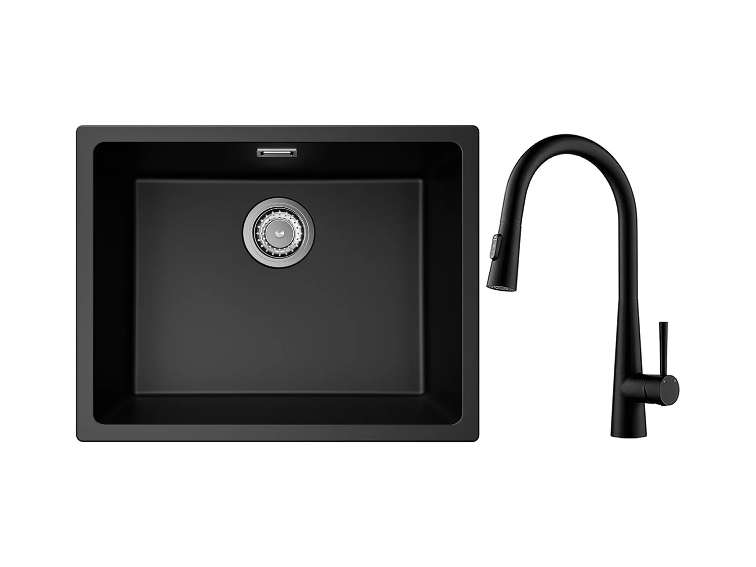 CECIPA MAX Evier 1 Bac en Quartz et Résine Noir Gris 55*44*20cm + Mitigeur de Cuisine avec Douchette Extractible Avec 3 Modes de Sortie D'eau Noir