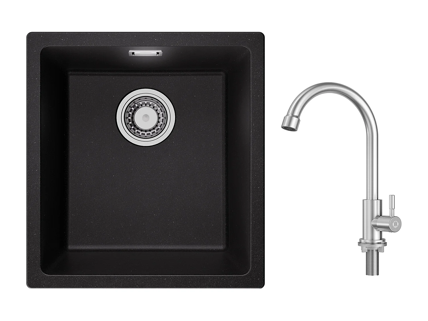 Evier 1 Bac en Quartz et Résine, 3 Options de Montage, 40*44*20cm + Robinet de Cuisine à eau Froide,Brossé