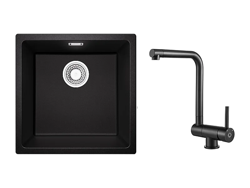Fregadero de 1 seno de cuarzo y resina, 3 opciones de montaje, 45*44*20 cm + grifo de cocina monomando plegable negro