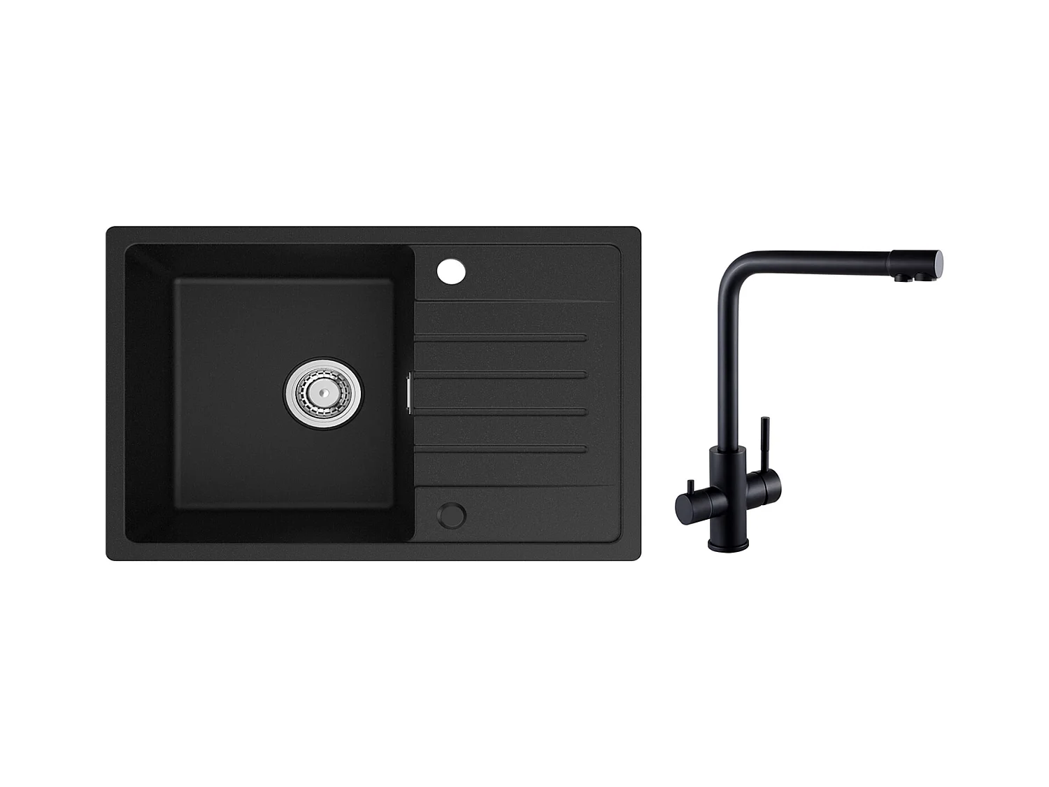 Lavello 1 Vasca in Quarzo e Resina - Lavabo Nero con Gocciolatoio 78x45cm + Miscelatore Lavello 3 Vie, 2 Leve, Nero