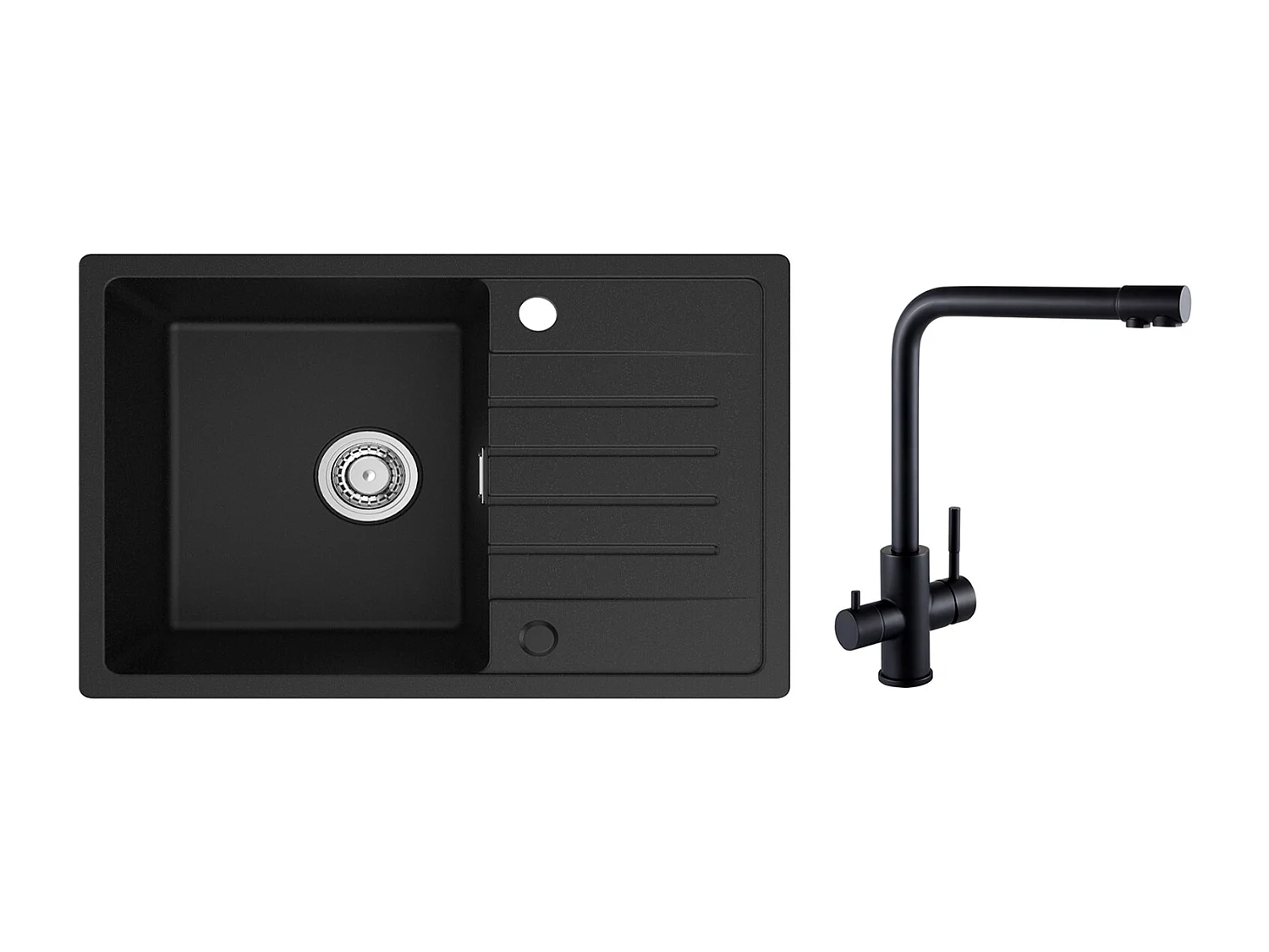 wastafel in kwarts en hars - zwarte spoelbak met afdruiprek 78x45cm + 3-weg wastafelmengkraan, 2 hendels, zwart