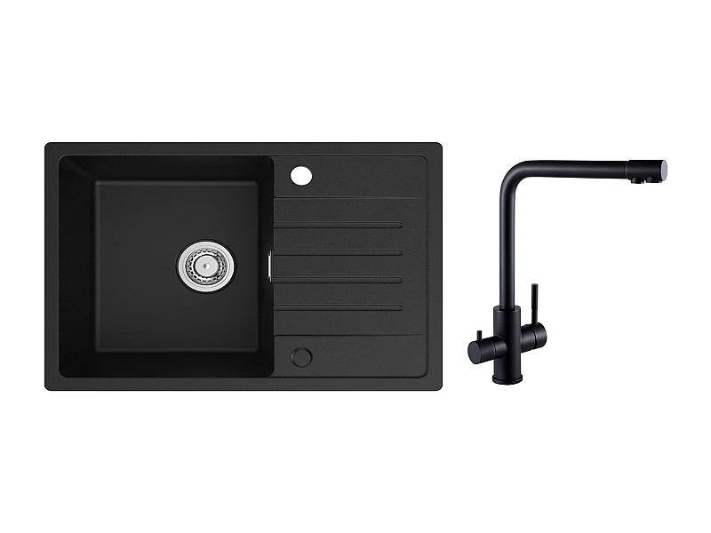 Evier 1 Bac en Quartz et Résine - Noir Evier avec Egouttoir 78x45cm + Mitigeur Evier à 3 Voies, 2 Leviers, Noir