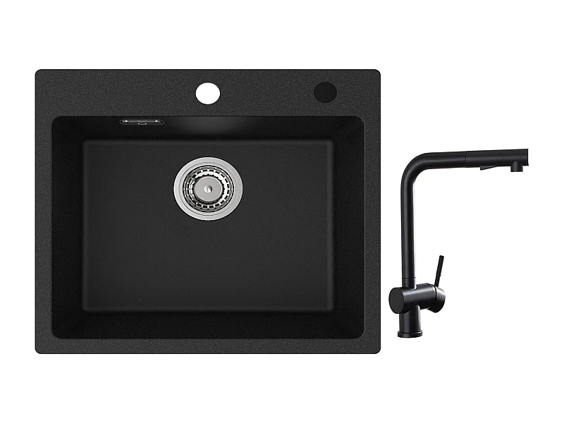 Cecipa max Evier Quartz Noir 50x45cm Evier 1 Bac Evier de Cuisine en Granit + Robinets Cuisine avec Douchette Extractible, Mitigeur d'évier Noir