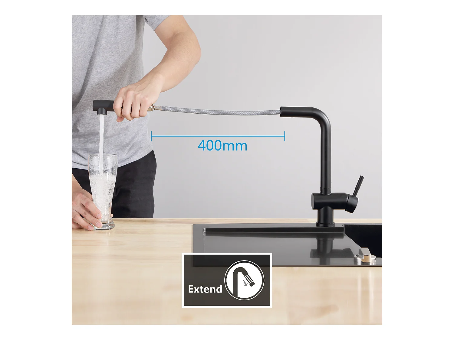 Cecipa max Evier Quartz Noir 50x45cm Evier 1 Bac Evier de Cuisine en Granit + Robinets Cuisine avec Douchette Extractible, Mitigeur d'évier Noir