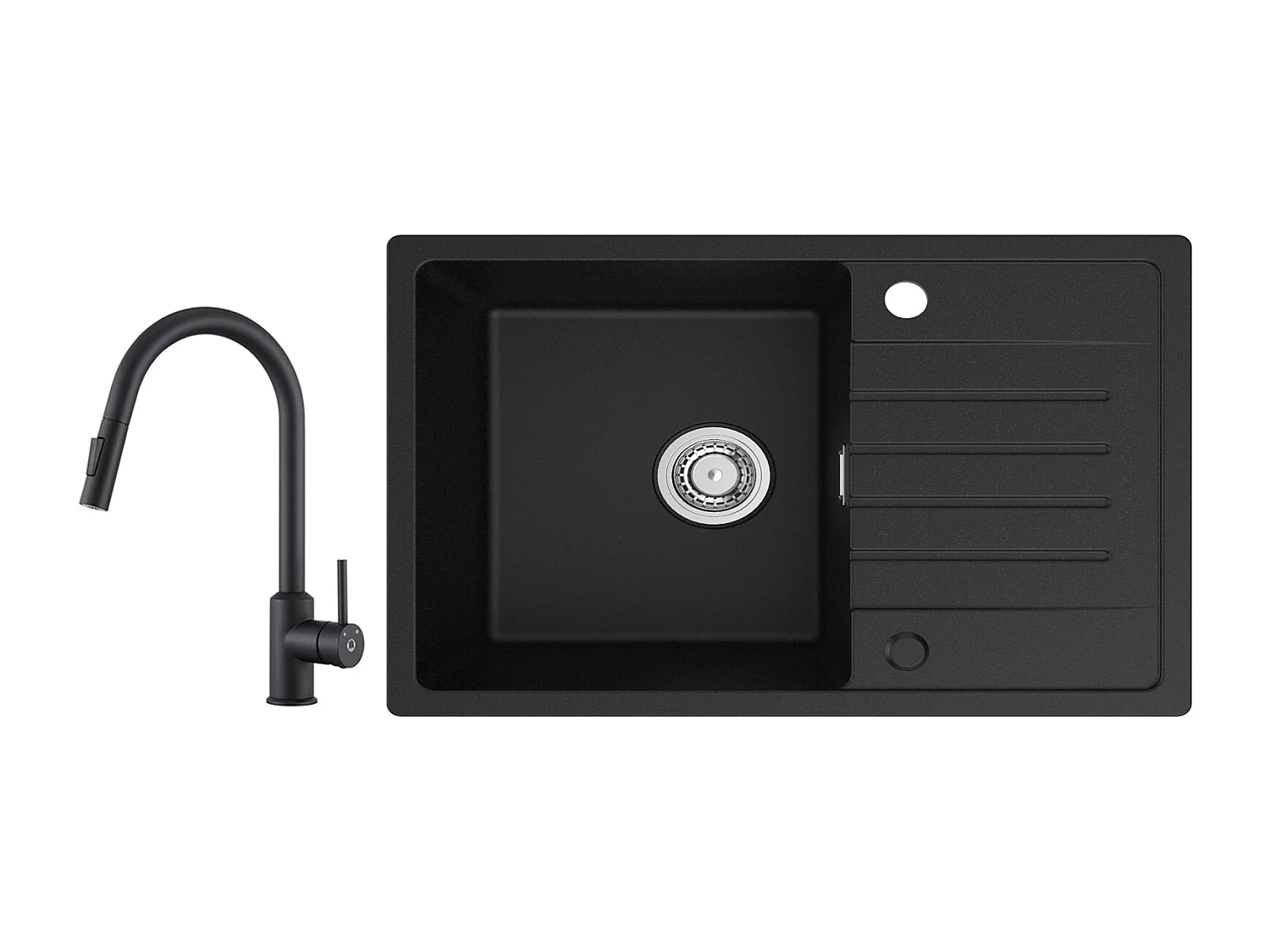 Cecipa max Fregadero 1 seno Negro con escurridor Fregadero encastrable de cuarzo y resina 78x45cm + Grifo monomando con ducha extraíble giratorio 360° Negro
