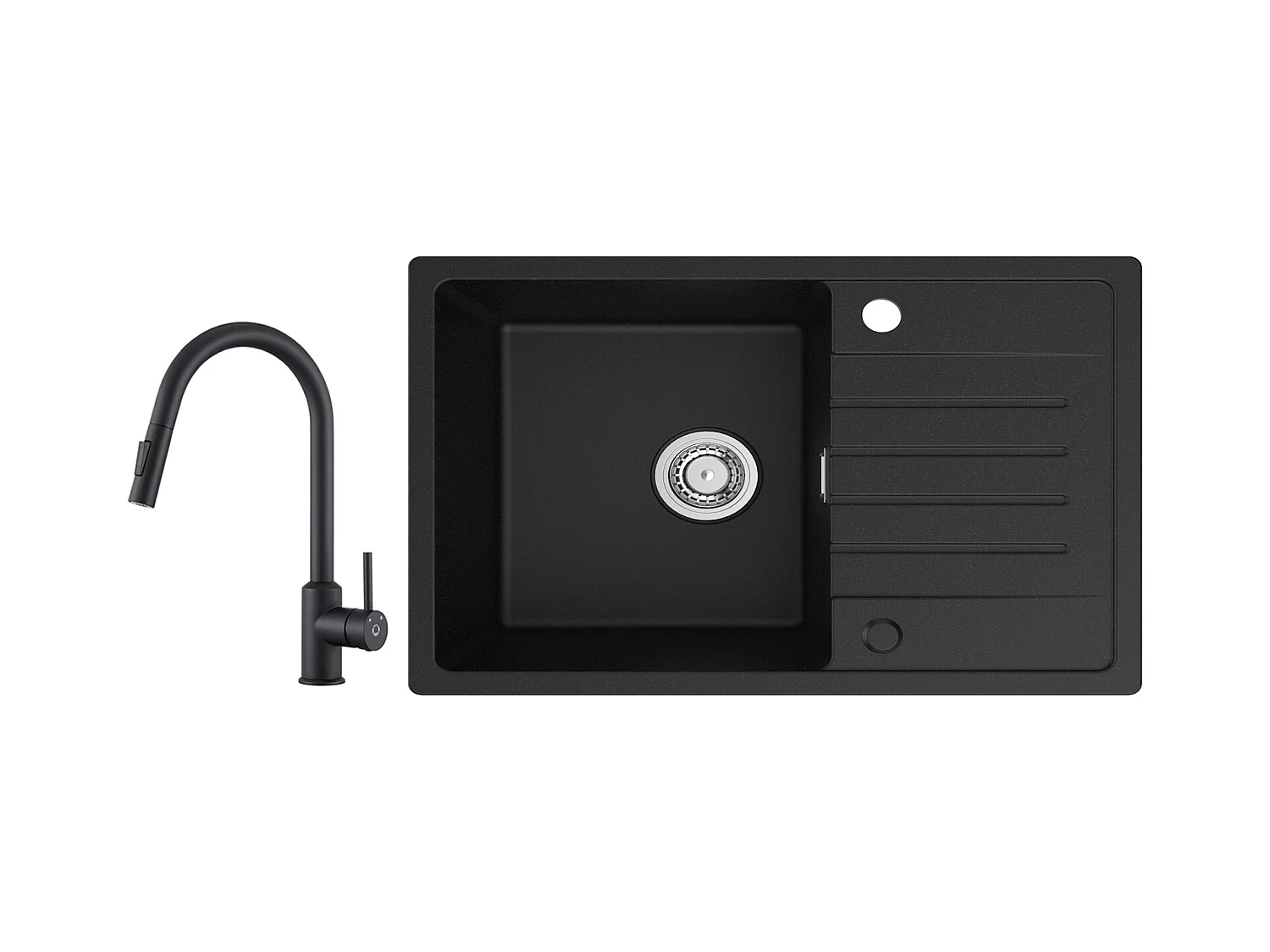 Cecipa max Noir  Evier 1 Bac avec Egouttoir Evier à encastrer Quartz et résine 78x45cm + Mitigeur avec Douchette Extractible Rotatif à 360 ° Noir