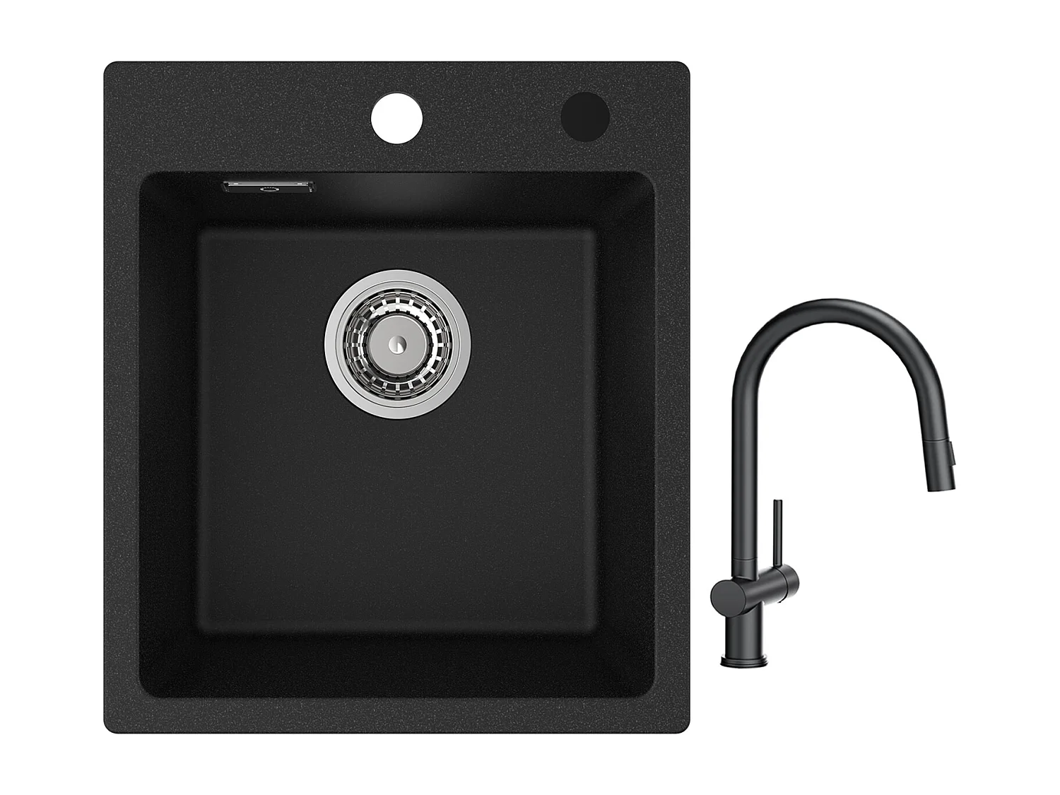 Fregadero Cecipa max 40x45cm en cuarzo y resina Fregadero de cuarzo 1 seno negro + Mezclador con ducha extraíble con 2 tipos de ducha negro