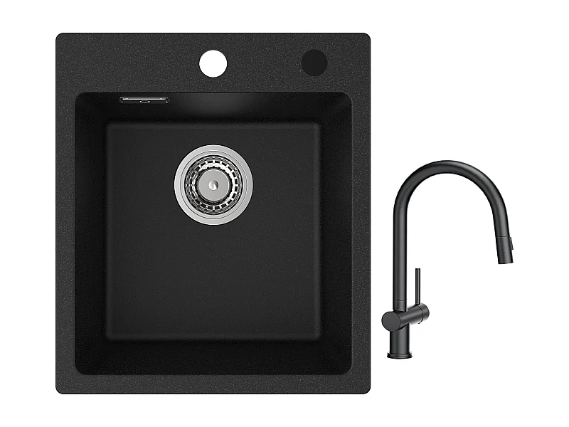 Cecipa max 40x45cm keukenspoelbak in kwarts en hars quartz spoelbak 1 bak zwart + mengkraan met uittrekbare straal met 2 soorten straal zwart
