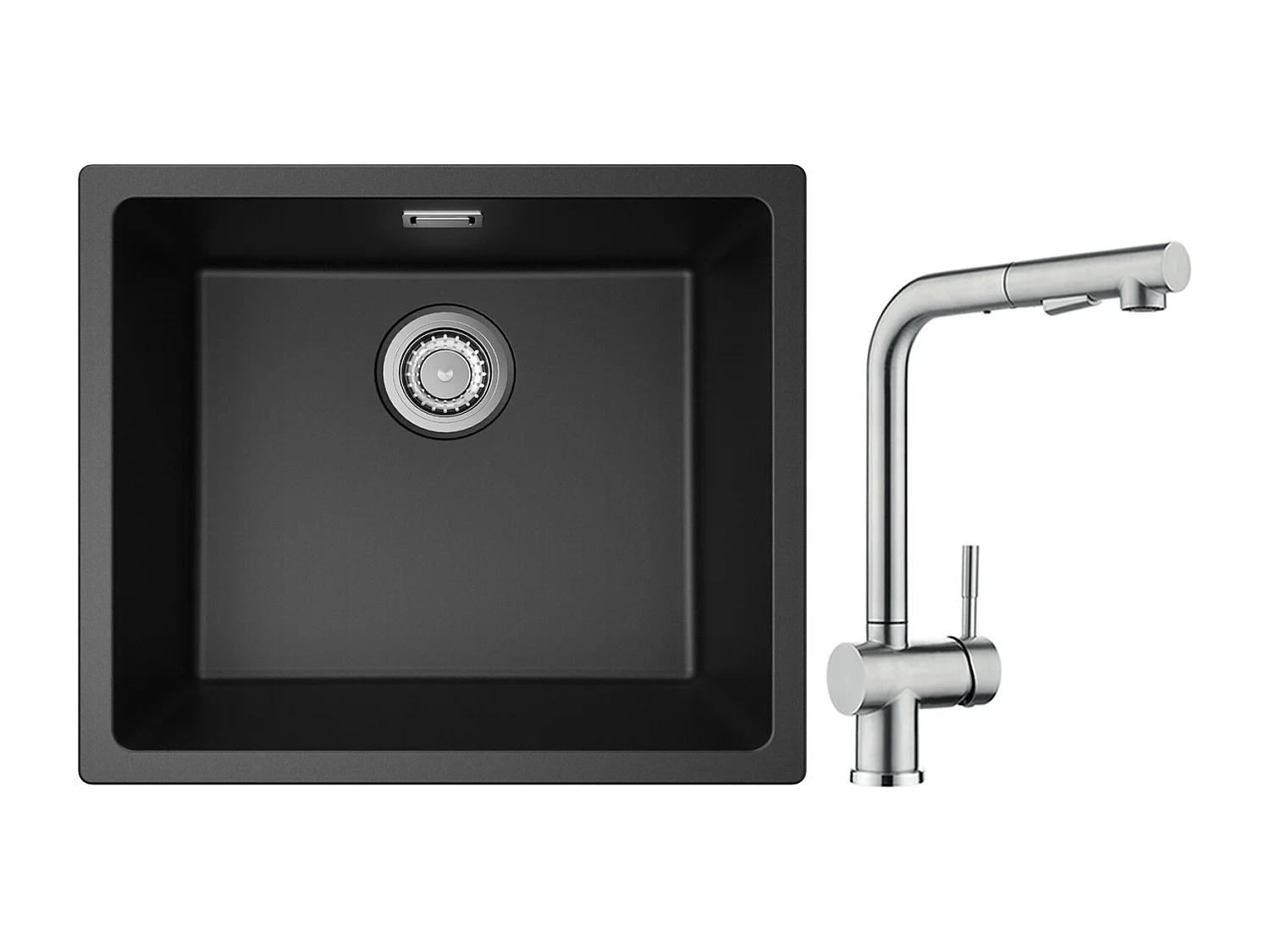 CECIPA MAX spoelbak 1 kom in kwarts en hars zwart grijs 50*44*20cm + keukenkraan met spray, geborstelde uittrekbare mixer