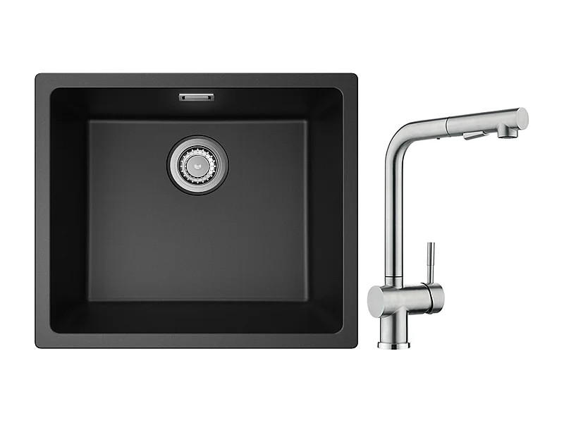 CECIPA MAX spoelbak 1 kom in kwarts en hars zwart grijs 50*44*20cm + keukenkraan met spray, geborstelde uittrekbare mixer