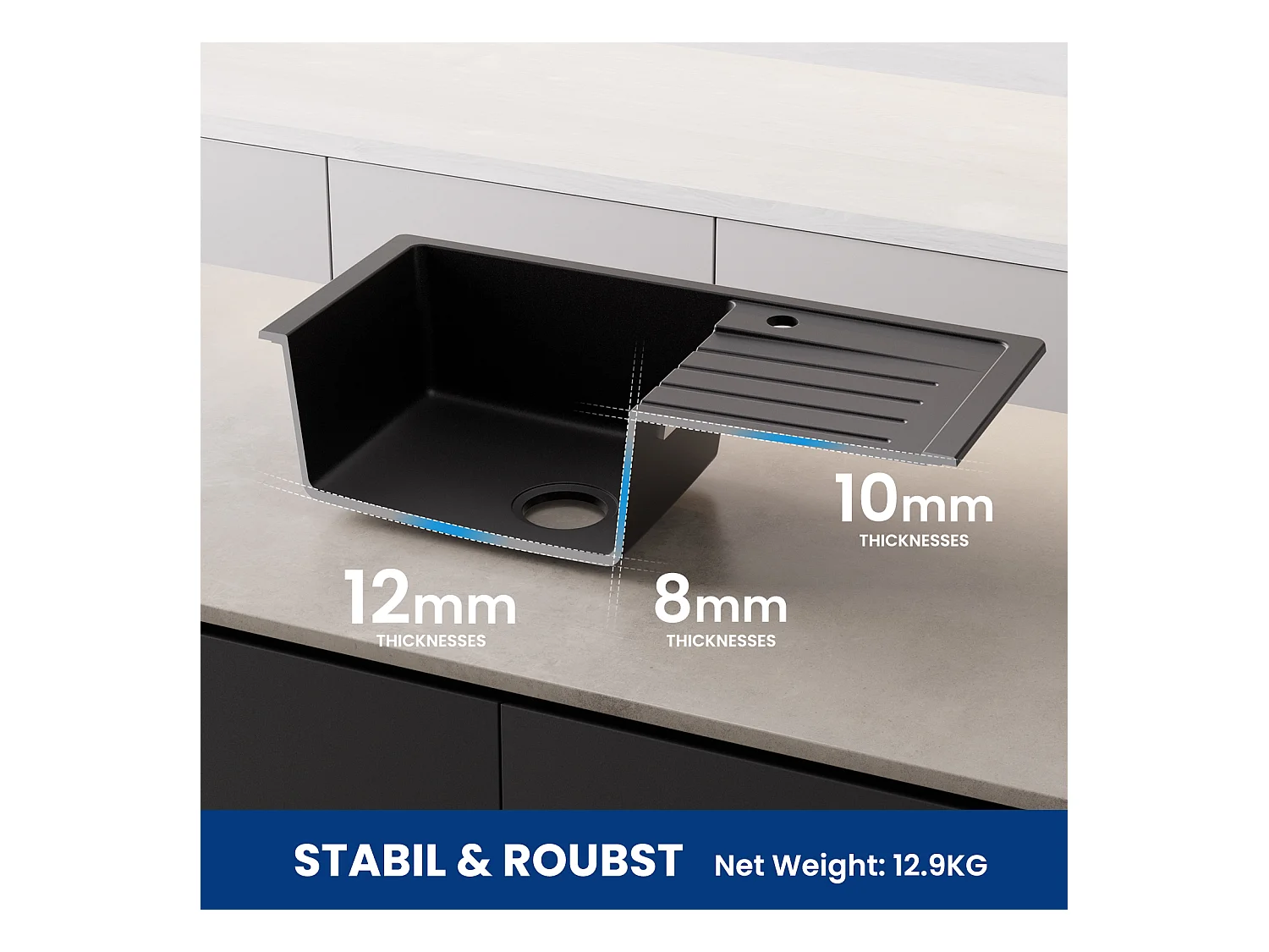 Evier 1 Bac en Quartz et Résine - Noir Evier à encastrer avec Egouttoir 78x45cm + 300ML Distributeur de Savon de Cuisine Chromé