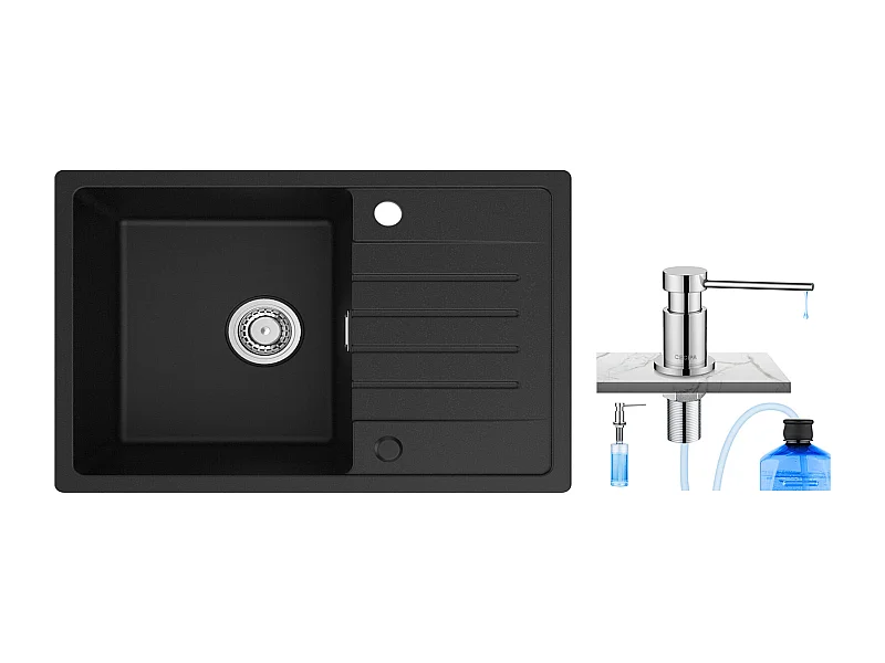 Evier 1 Bac en Quartz et Résine - Noir Evier à encastrer avec Egouttoir 78x45cm + 300ML Distributeur de Savon de Cuisine Chromé