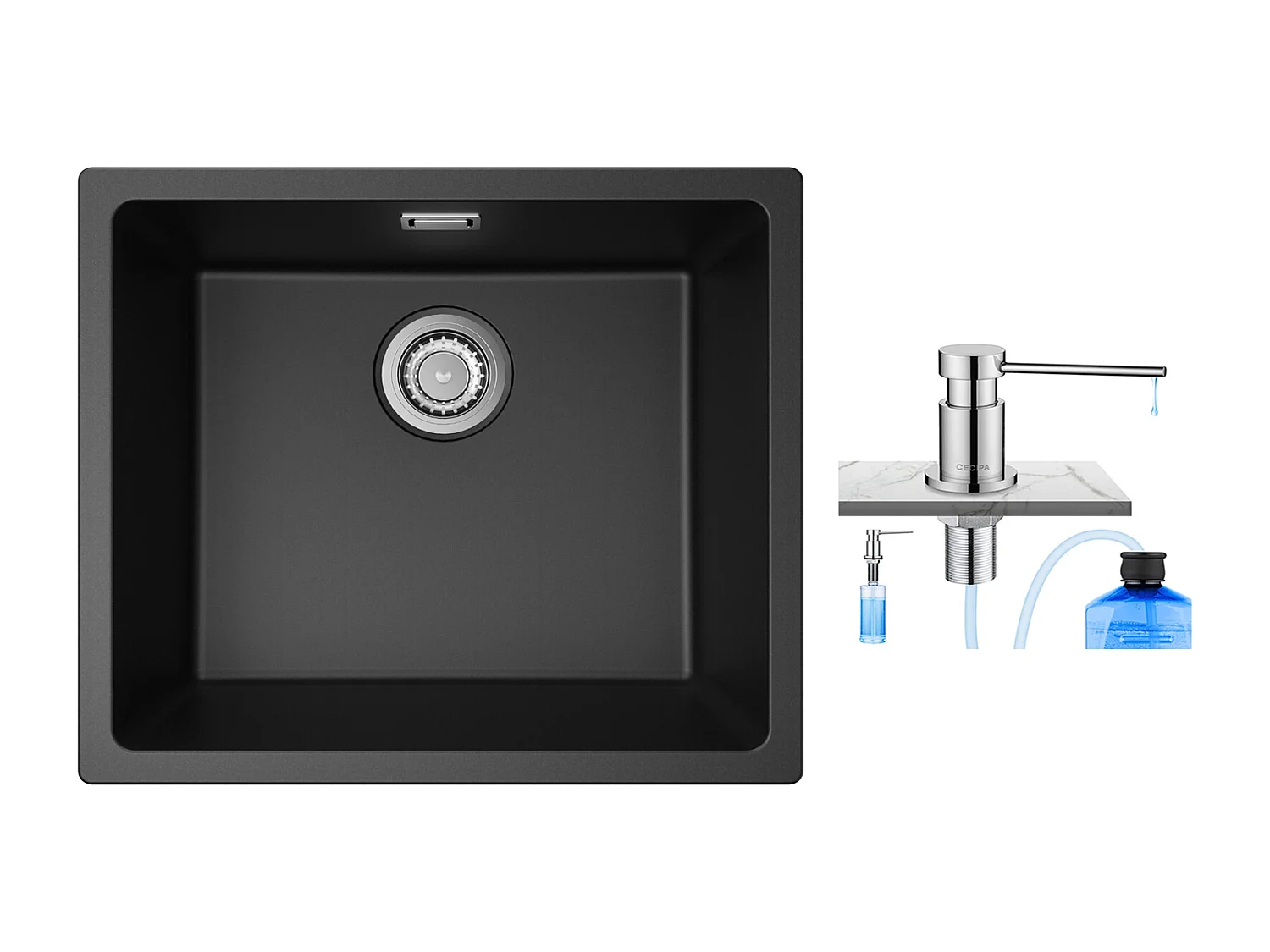 CECIPA MAX Evier 1 Bac en Quartz et Résine, 3 Options de Montage, 50*44*20cm + 300ML Distributeur de Savon de Cuisine Chromé