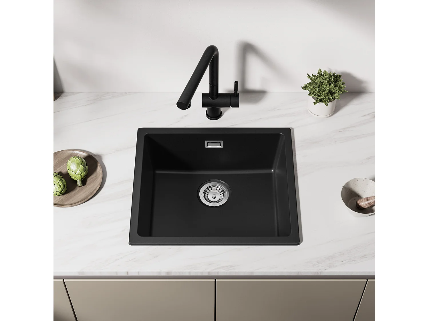 CECIPA MAX Evier 1 Bac en Quartz et Résine, 3 Options de Montage, 50*44*20cm + 300ML Distributeur de Savon de Cuisine Chromé