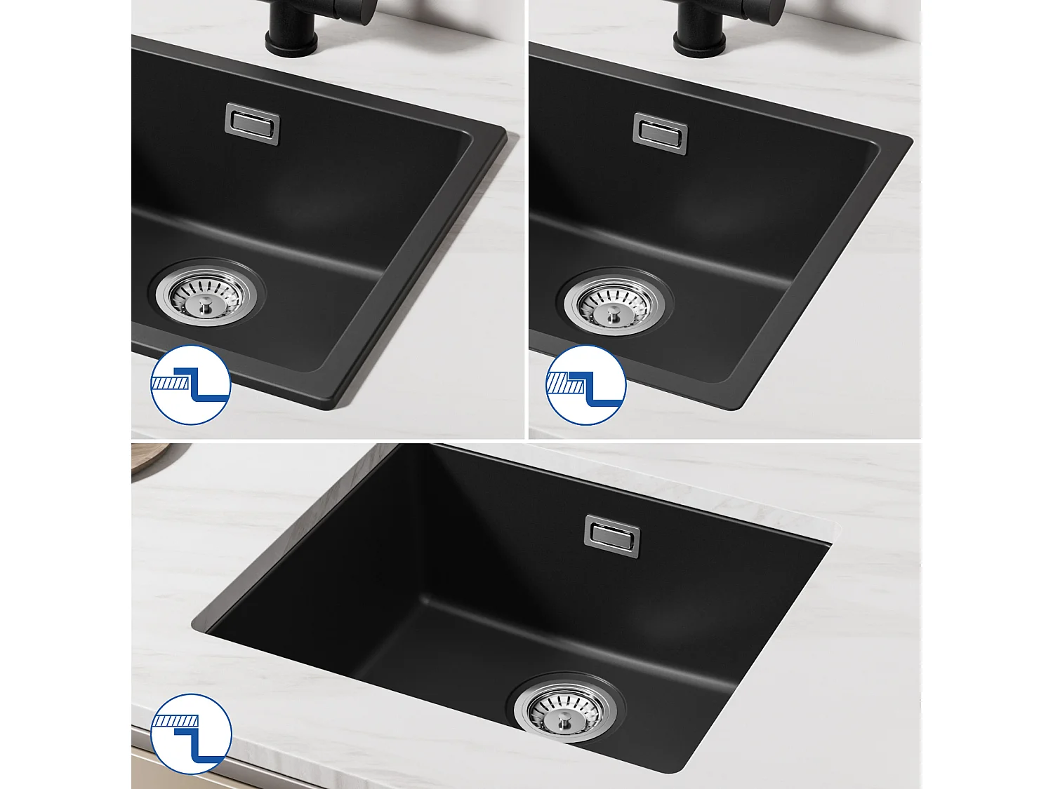 CECIPA MAX Evier 1 Bac en Quartz et Résine, 3 Options de Montage, 50*44*20cm + 300ML Distributeur de Savon de Cuisine Chromé