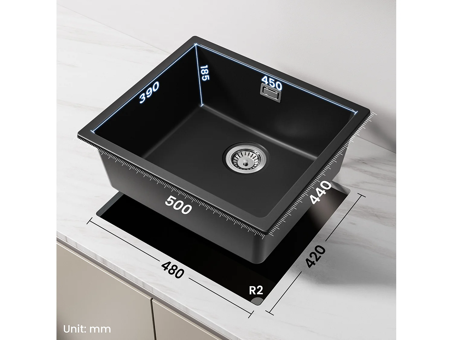 CECIPA MAX Evier 1 Bac en Quartz et Résine, 3 Options de Montage, 50*44*20cm + 300ML Distributeur de Savon de Cuisine Chromé
