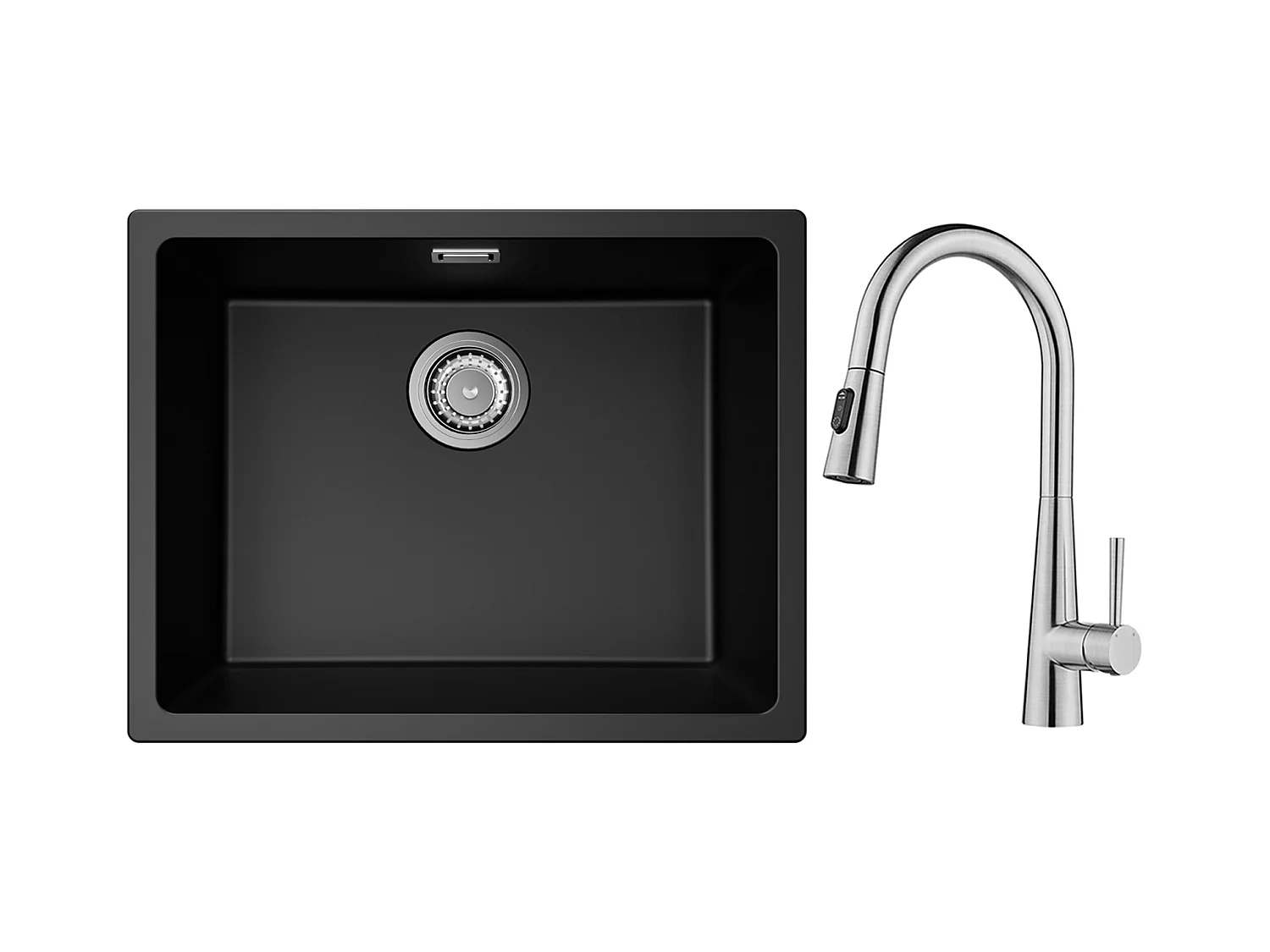 CECIPA MAX Evier 1 Bac en Quartz et Résine Noir Gris 55*44*20cm + Mitigeur de Cuisine avec Douchette Extractible Avec 3 Modes de Sortie D'eau Brossé