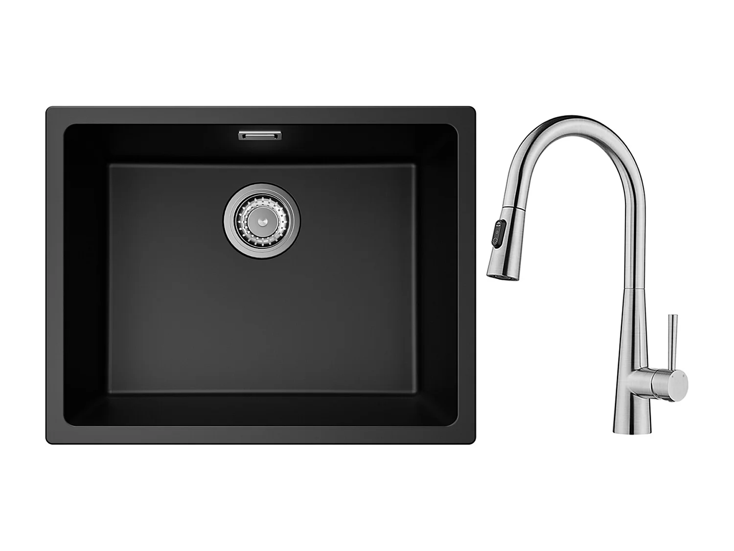 CECIPA MAX Evier 1 Bac en Quartz et Résine Noir Gris 55*44*20cm + Mitigeur de Cuisine avec Douchette Extractible Avec 3 Modes de Sortie D'eau Brossé