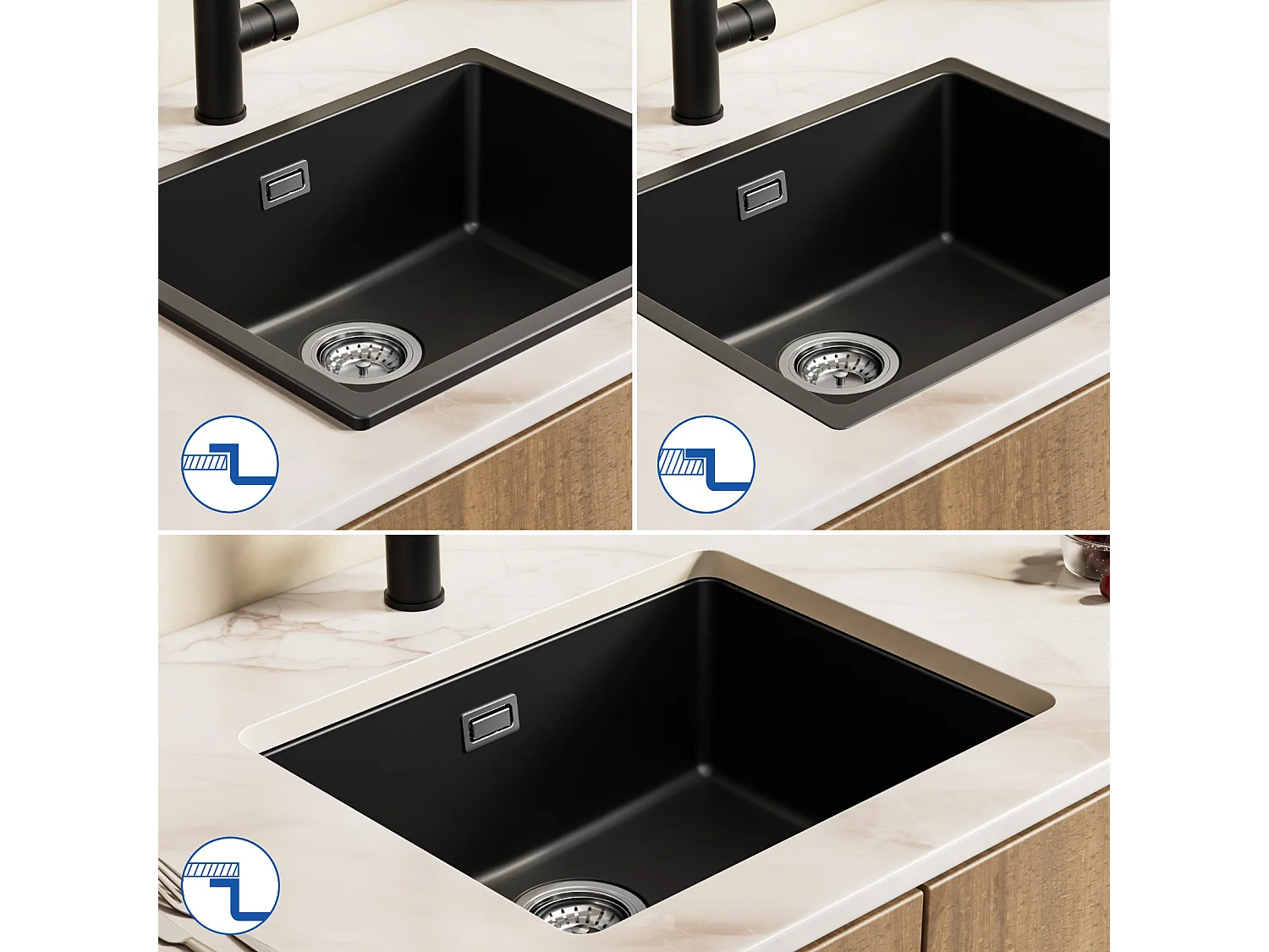 CECIPA MAX Evier 1 Bac en Quartz et Résine Noir Gris 55*44*20cm + Mitigeur de Cuisine avec Douchette Extractible Avec 3 Modes de Sortie D'eau Brossé