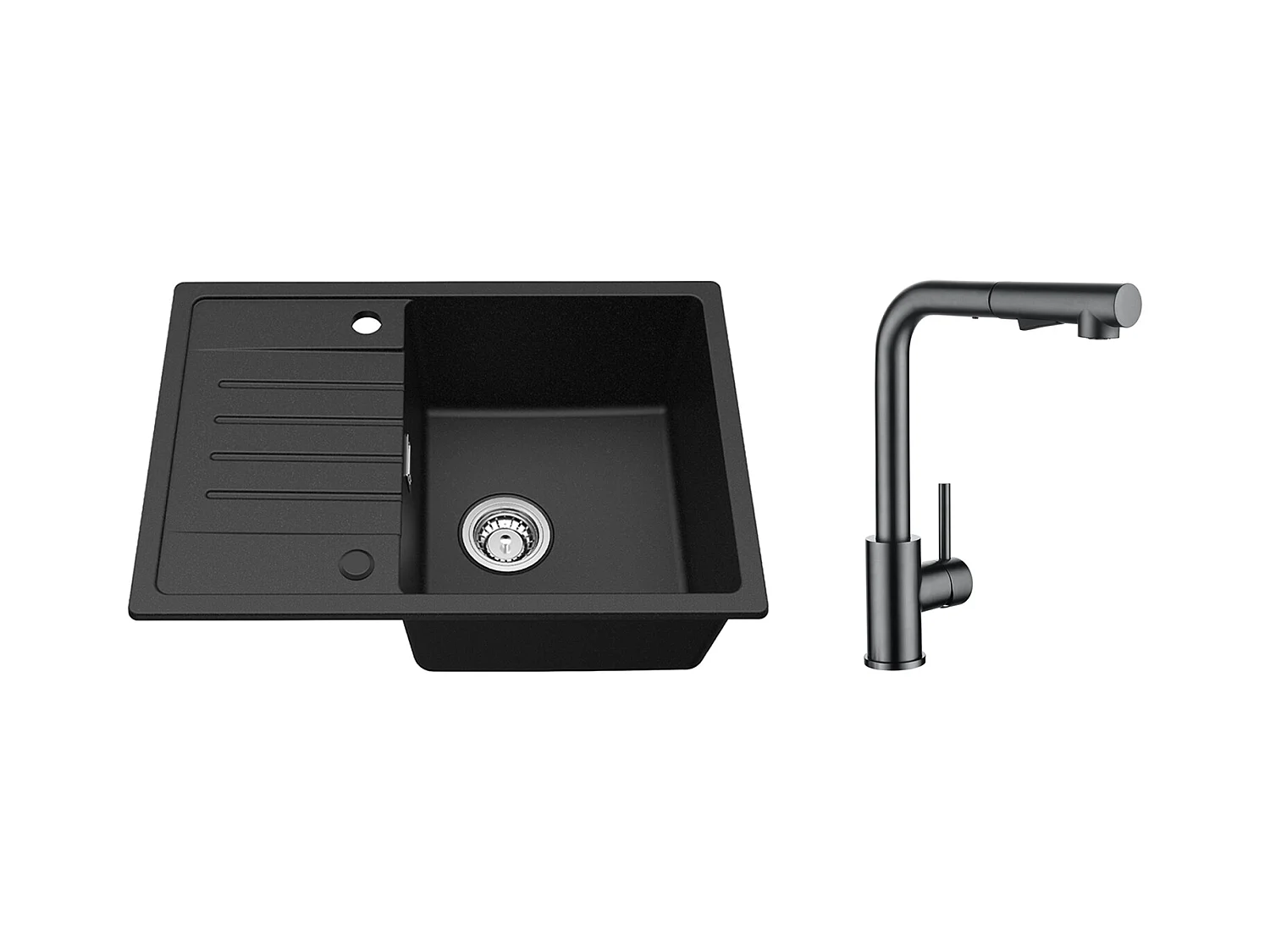 Noir Evier à Encastrer 1 Bac avec Egouttoir, Quartz et Résine, 65x45cm + Mitigeur Cuisine Avec Douchette Extractible