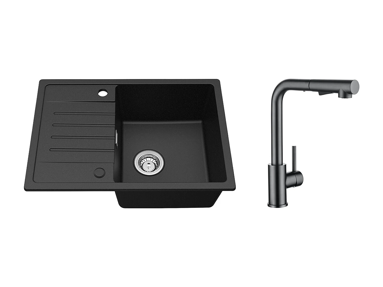 Noir Evier à Encastrer 1 Bac avec Egouttoir, Quartz et Résine, 65x45cm + Mitigeur Cuisine Avec Douchette Extractible