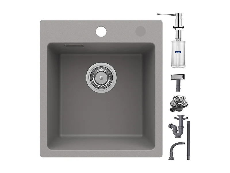 Cecipa max Evier de Cuisine Gris + 300ML Distributeur de Savon Brossé, Evier 1 Bac e en Quartz Evier à Encastrer Evier de Cuisine 1 cuve 40x45cm