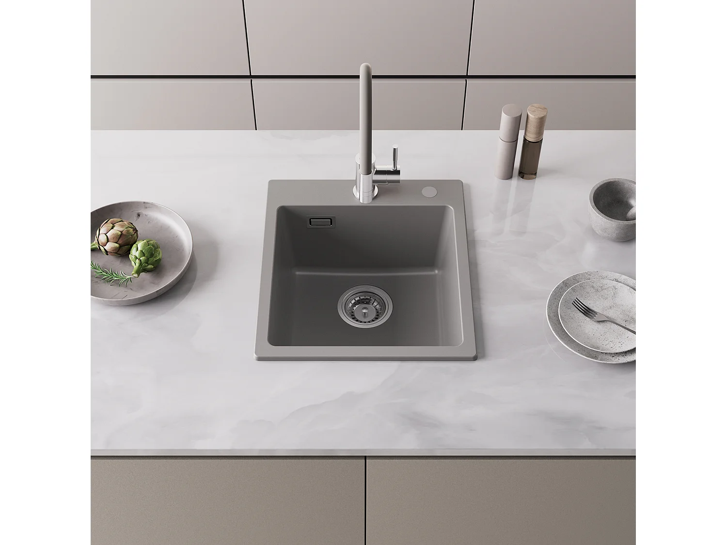 Cecipa max grijze keukenspoelbak + 300ML geborstelde zeepdispenser, 1 bak quartz spoelbak inbouwspoelbak 1 bak spoelbak 40x45cm