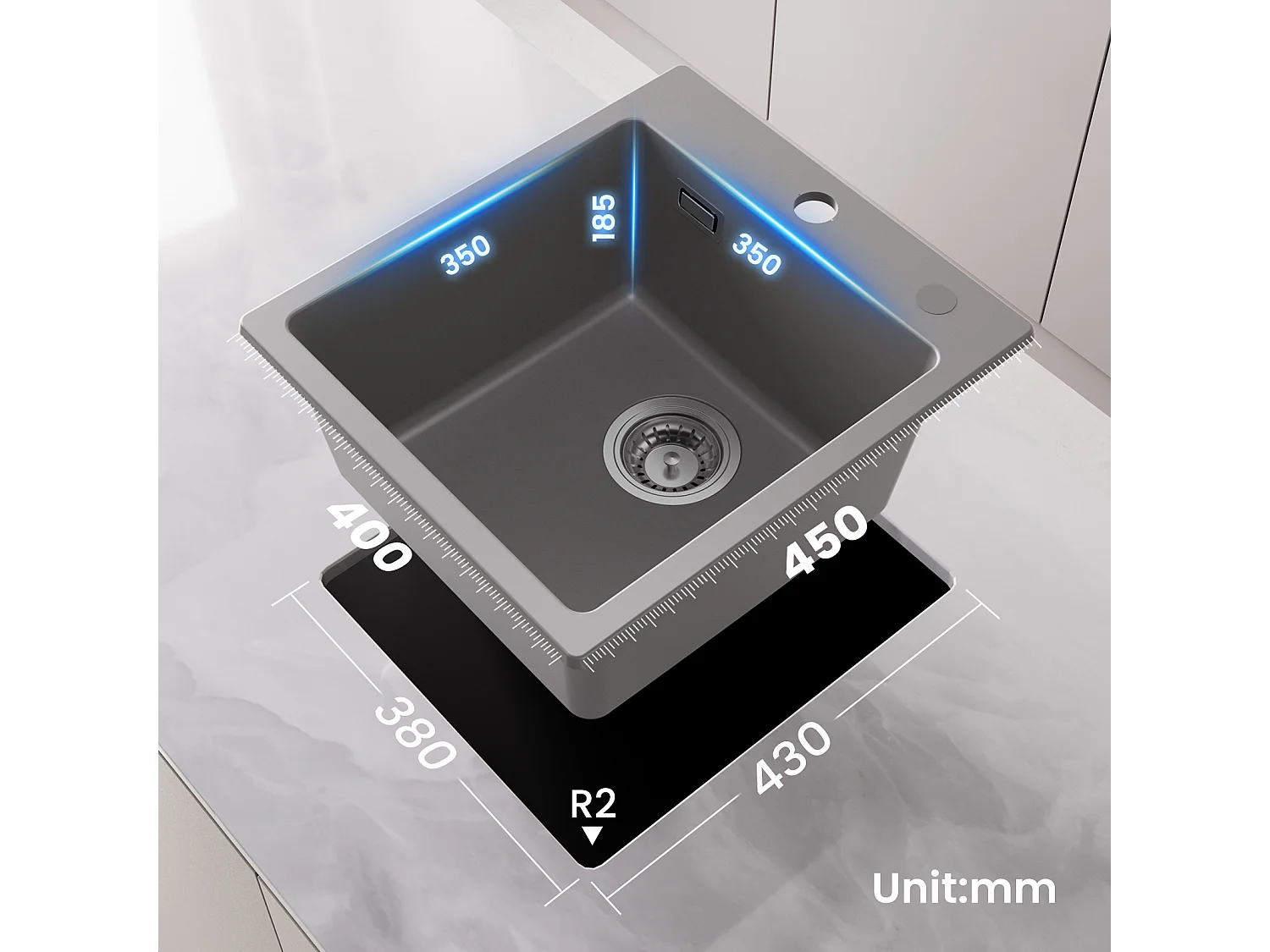 Cecipa max grijze keukenspoelbak + 300ML geborstelde zeepdispenser, 1 bak quartz spoelbak inbouwspoelbak 1 bak spoelbak 40x45cm