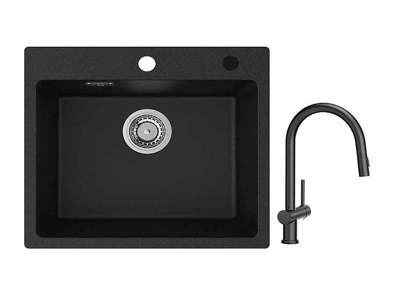 Cecipa max Evier Quartz Noir 50x45cm Evier 1 Bac en Quartz Evier de Cuisine en Granit + Mitigeur avec Douchette Extractible avec 2 Types de Jet Noir